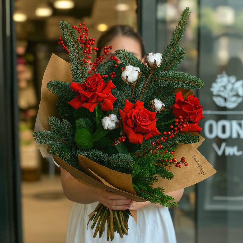 buchet_trandafiri_rosii_bumbac_brad_craciun_brasov