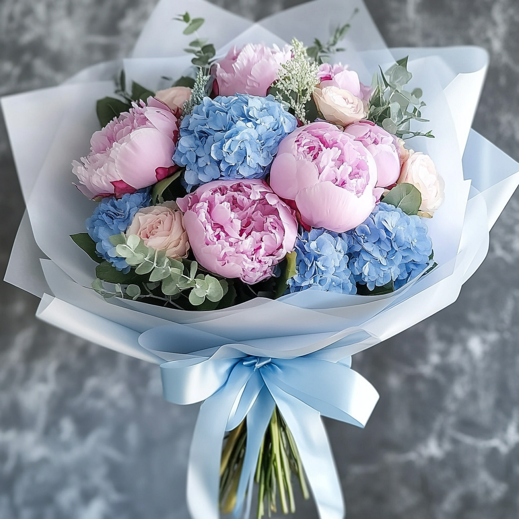cadou floral rafinat cu bujori și hortensie