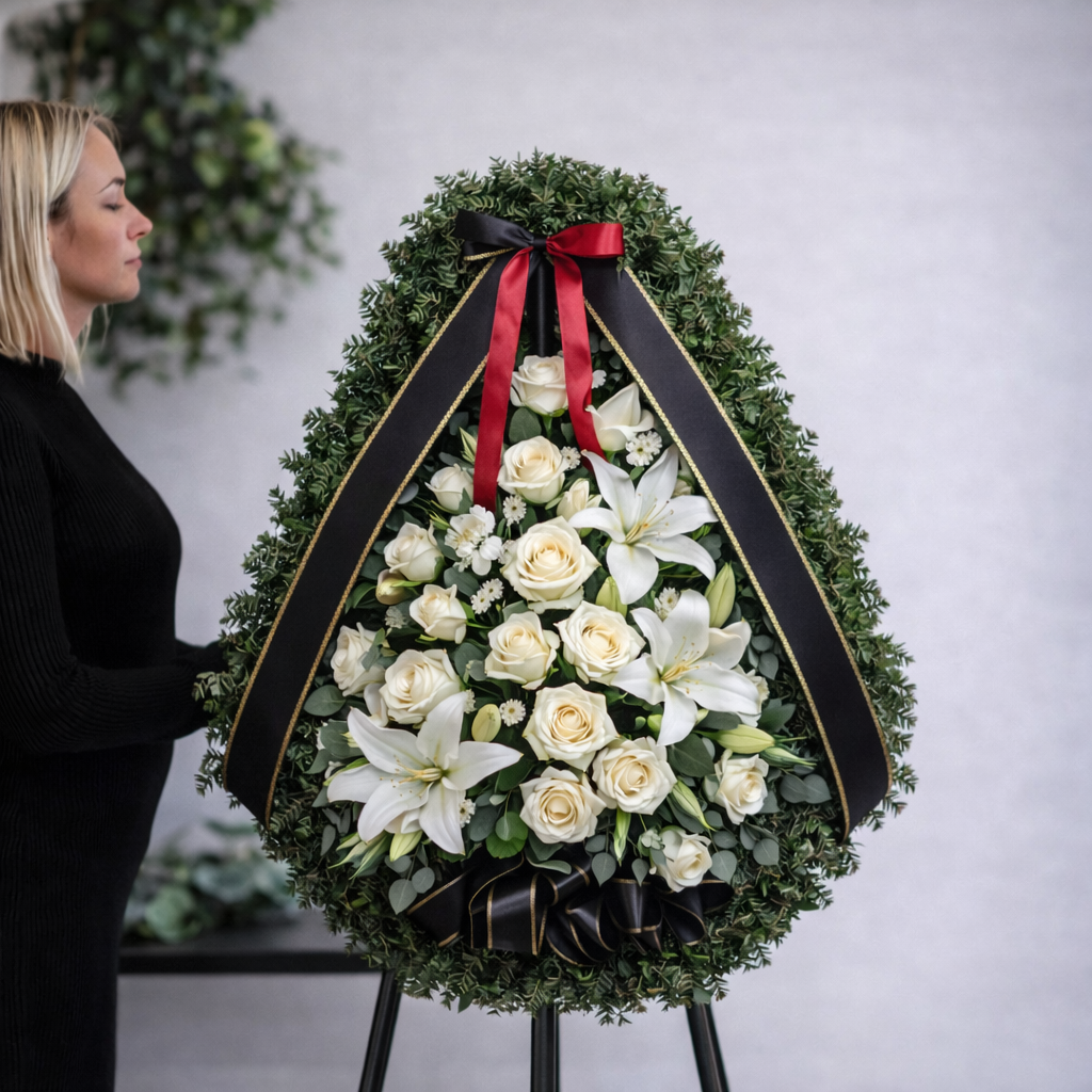 coroana_funerara_brad_natural_trandafiri_albi_crini_imperiali_brasov