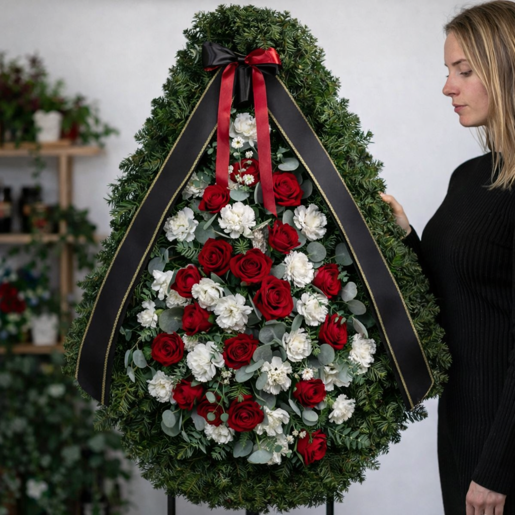 coroana_funerara_brad_natural_trandafiri_rosii_crizanteme_eucalipt_brasov