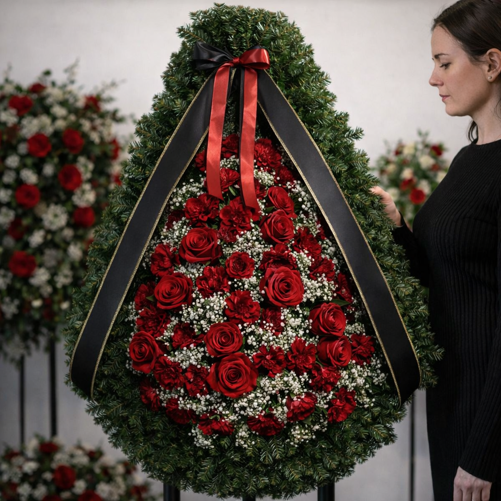 coroana_funerara_brad_natural_trandafiri_rosii_garoafe_gypsophila_brasov