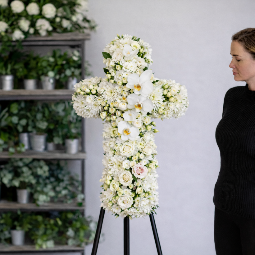 cruce_funerara_florala_crizanteme_eustoma_orhidee_brasov